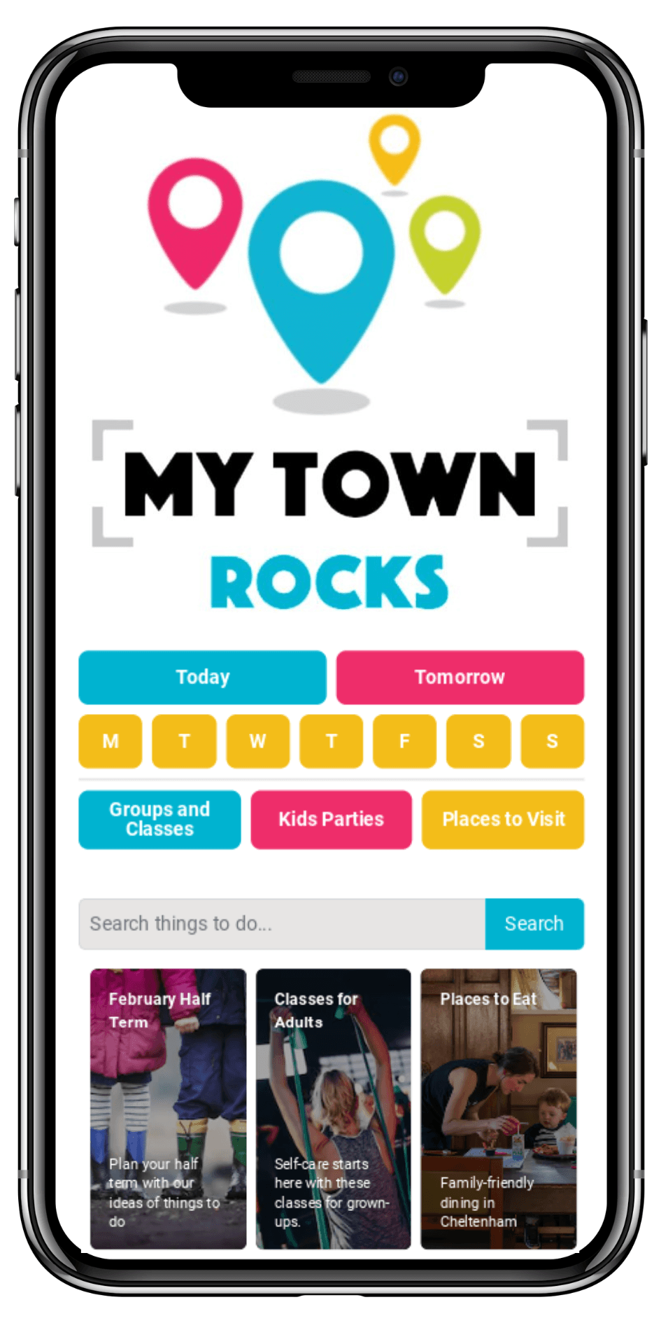 My Town Rocks\u2122 website homepage on mobile
